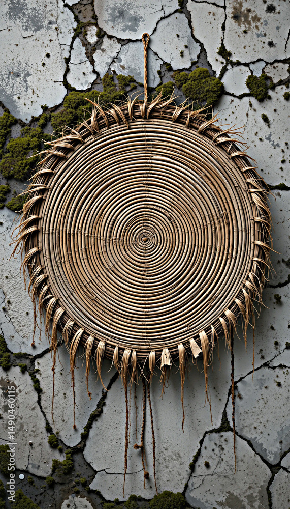 Fototapeta premium Circular woven bamboo basket on cracked wall