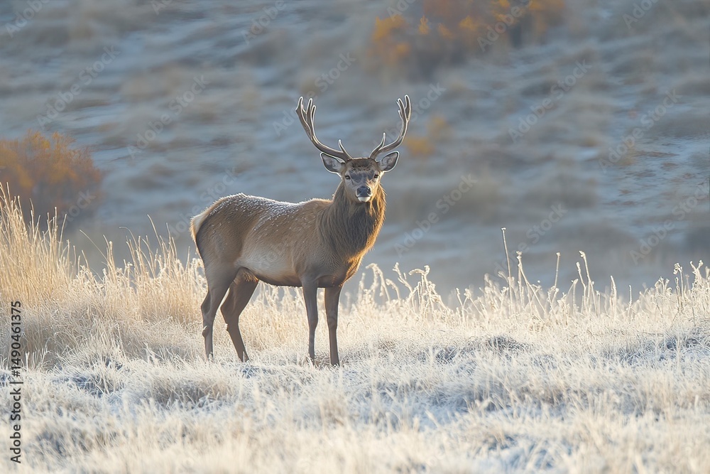 Obraz premium A red deer stag stands in a frosty meadow at sunrise, with mist rising from the ground and trees silhouetted against the golden sunlight. The photograph captures the majestic wildlife in its natural