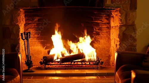 Warm fireplace with flickering flames and stone brick surround creating a cozy indoor environment in a living room setting