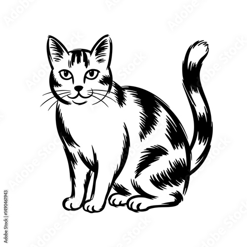 Hand-drawn illustration of a tabby cat, monochrome, for pet websites