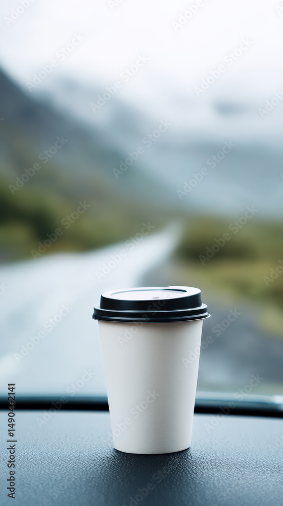 Obraz premium A blank coffee cup sits on a car dashboard overlooking a blurry mountain road, evoking a sense of travel and adventure