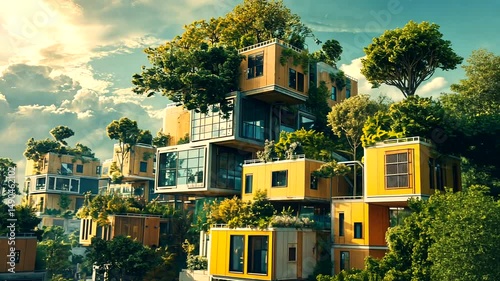 Futuristic eco-friendly housing complex with greenery on rooftops, vibrant sunset in background