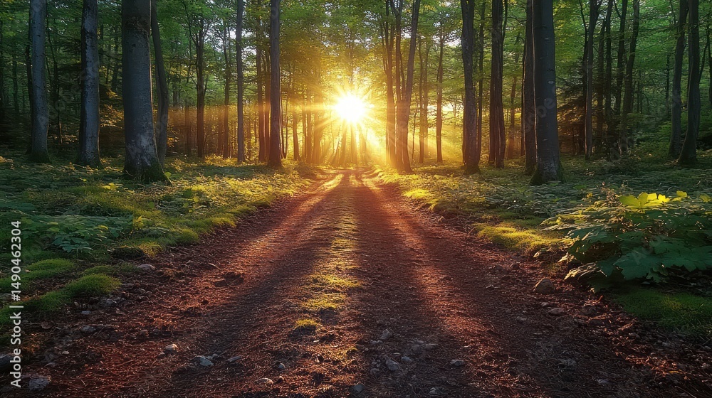 Obraz premium Sunlit Forest Path: A Serene Sunset Walk