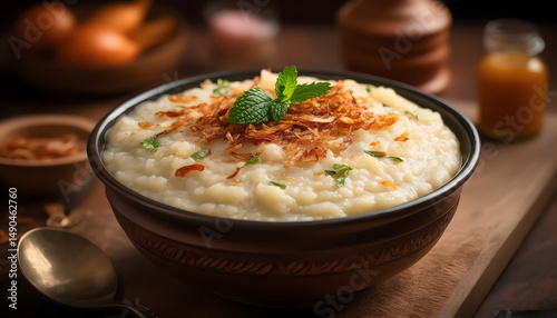 Hyderabadi haleem in a bowl garnished with fried onions and mint