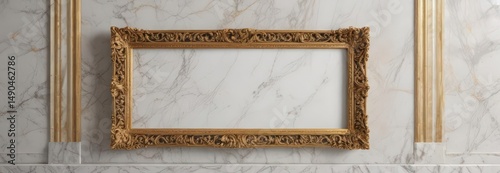Golden filigree frame against polished marble, lavish style , refined, royal, ornate