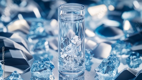 Glass Vial Containing Tellurium Dioxide Crystals on a Reflective Surface
