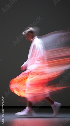 Person in motion with light streaks against neutral backdrop