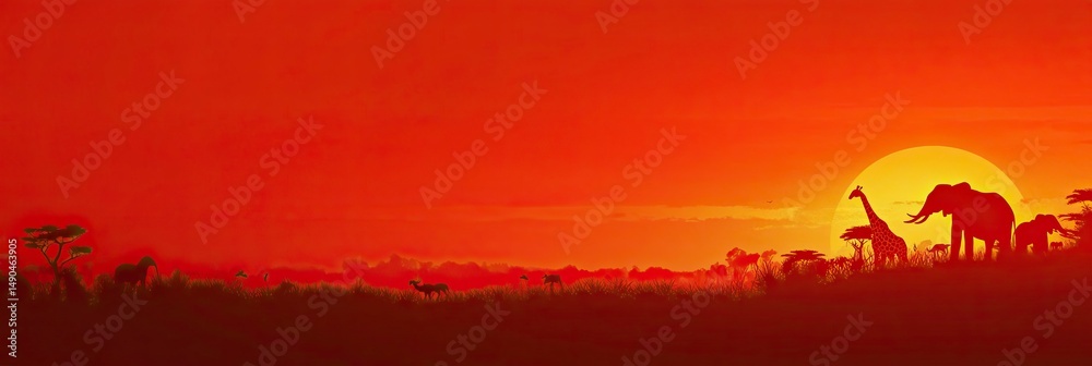 Naklejka premium A silhouette illustration of an African savannah at sunset, with silhouettes of various animals like elephants and giraffes against the backdrop of orange sky and setting sun. The background is solid 