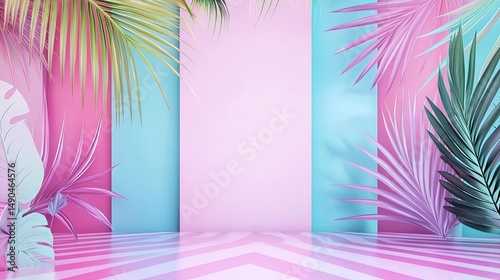 Tropical pastel palm leaves in vibrant geometric room design for creative spaces