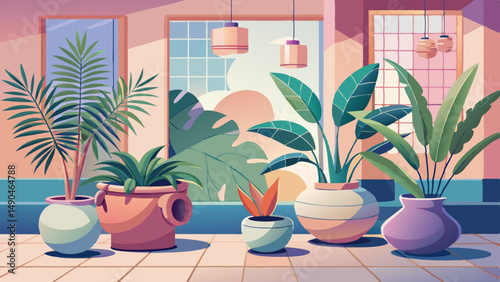 Minimalistic pastel scene with indoor tropical plants in decorative ceramic pots on color wall