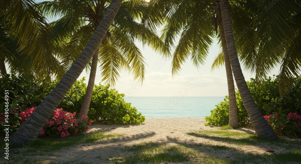 Fototapeta premium Tropical Beach Scene with Palm Trees and Pink Flowers