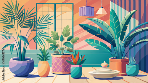 Minimalistic pastel scene with indoor tropical plants in decorative ceramic pots on color wall