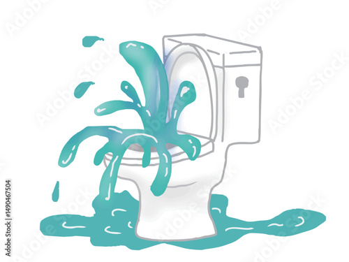 Illustration of a scene where a Western-style flush toilet is broken and overflowing with water