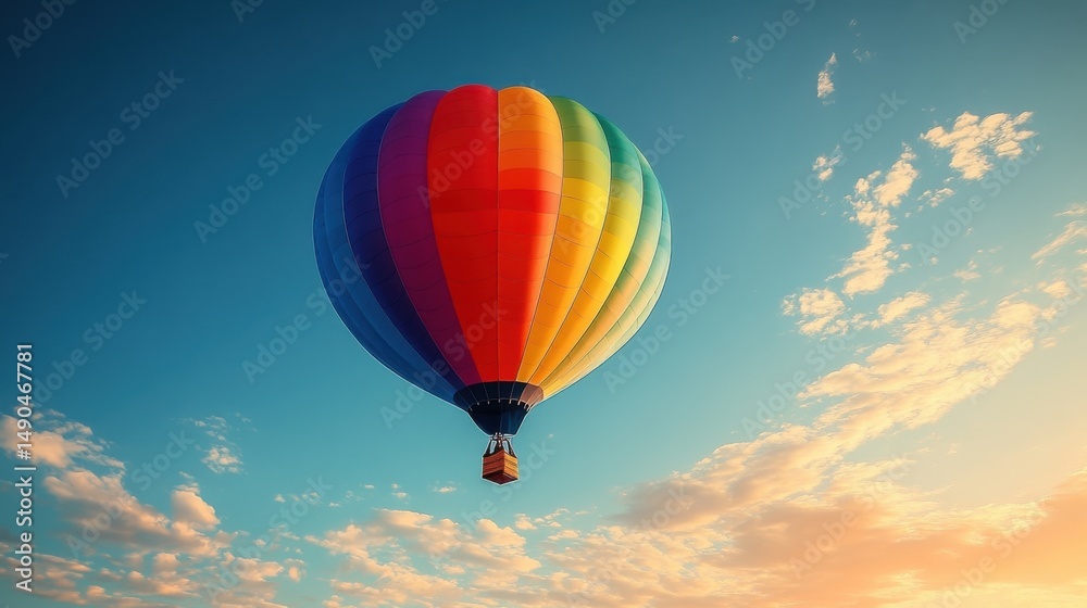 Naklejka premium Colorful hot air balloon floats in a clear sky at sunset, creating a serene and picturesque landscape view