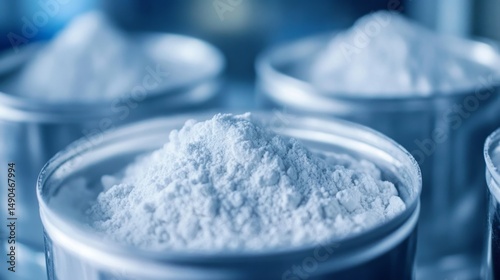 Industrial Containers of Raw Boron Nitride Powder in Blue Tint