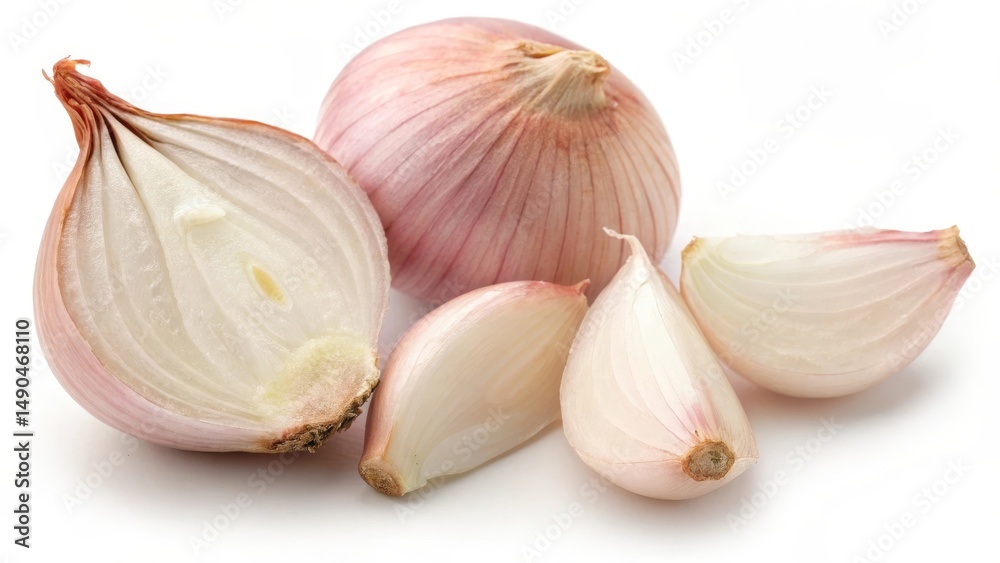 Obraz premium Fresh shallots arranged artistically on a white background.