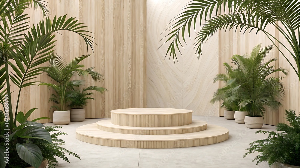 Fototapeta premium Wooden stage with vibrant green foliage creating an inviting display background for product showcasing