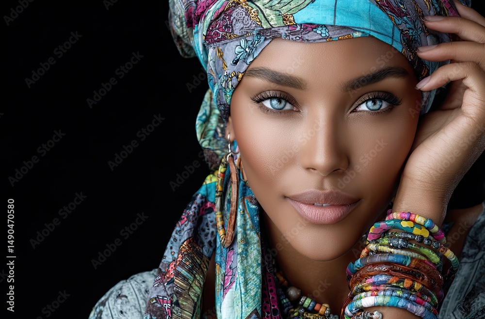Fototapeta premium Beautiful African woman with a colorful African turban and vibrant blue eye makeup, hand on head, black background