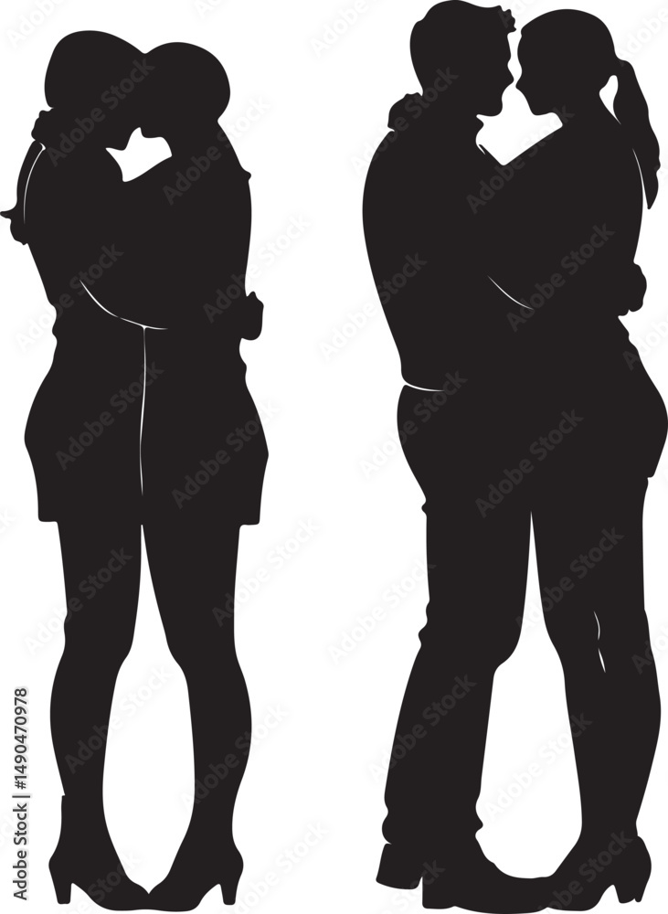 Silhouette Illustration of Romantic Couples Embracing: Vector Art of Two Couples in Love, Intimate Hugs, Relationship Graphics, Black and White Art Silhouette Illustration of Romantic Couples Embracing: Vector Art of Two Couples in Love, Intimate Hugs, Relationship Graphics, Black and White Art