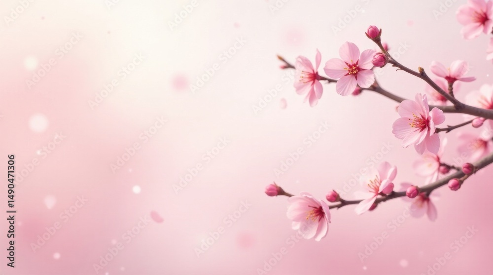 Fototapeta premium Delicate Pink Blossoms on a Branch, Softly Illuminated by a Gentle Breeze, with Falling Petals Creating a Serene and Peaceful Atmosphere