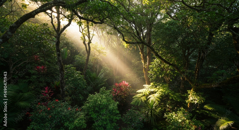 Obraz premium Sunbeams in Lush Green Forest