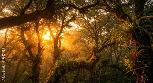 Golden Sunrise in Lush Tropical Forest