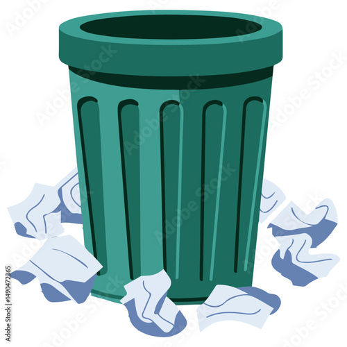 Waste bin with paper isolated vector illustration on white background