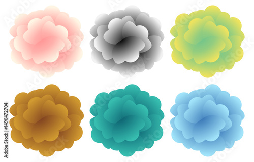 A vibrant collection of abstract gradient flower blobs in 3D papercut style. Each element features soft layered petals with colorful gradient tones, perfect for backgrounds, patterns, etc.