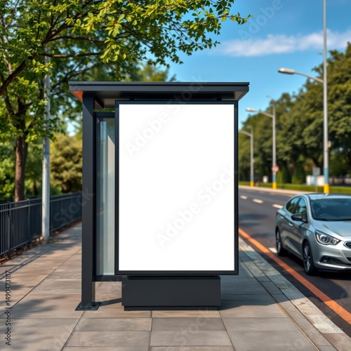 Blank advertising poster banner mockup at bus stop shelter by main road; out-of-home ooh vertical billboard media display space perspective angle billboard blank mockup display empty poster advertisin