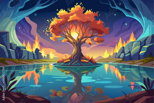 A surreal and vibrant autumn tree glowing at the center of a calm forest, reflected symmetrically in a tranquil lake with soft ripples. This dreamy fantasy landscape is painted in an expressive oil pa