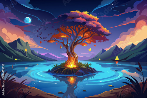 A surreal and vibrant autumn tree glowing at the center of a calm forest, reflected symmetrically in a tranquil lake with soft ripples. This dreamy fantasy landscape is painted in an expressive oil pa