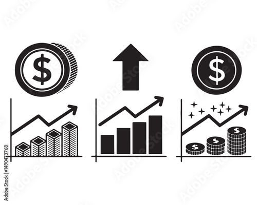Dollar rate increase vector icons. Cost rise vector illustration. Business money increase signs set