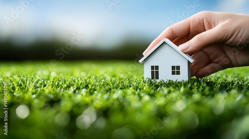 Hand placing miniature white house on a bed of vibrant green grass