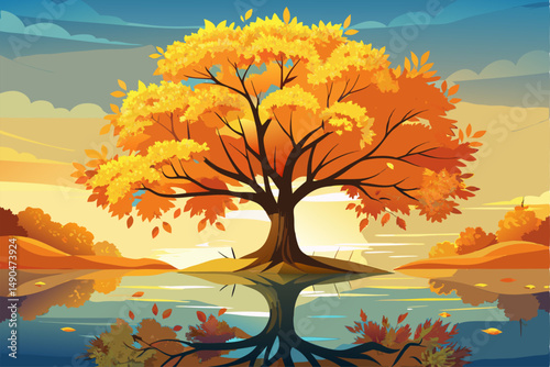 A surreal and vibrant autumn tree glowing at the center of a calm forest, reflected symmetrically in a tranquil lake with soft ripples. This dreamy fantasy landscape is painted in an expressive oil pa