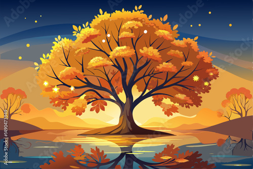 A surreal and vibrant autumn tree glowing at the center of a calm forest, reflected symmetrically in a tranquil lake with soft ripples. This dreamy fantasy landscape is painted in an expressive oil pa
