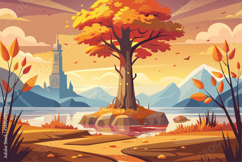 A surreal and vibrant autumn tree glowing at the center of a calm forest, reflected symmetrically in a tranquil lake with soft ripples. This dreamy fantasy landscape is painted in an expressive oil pa