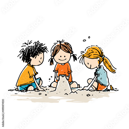 vector drawing children playing in sandbox on white background .Generative AI