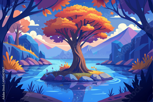 A surreal and vibrant autumn tree glowing at the center of a calm forest, reflected symmetrically in a tranquil lake with soft ripples. This dreamy fantasy landscape is painted in an expressive oil pa