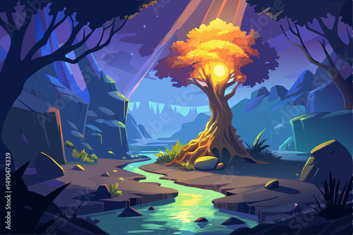 A surreal and vibrant autumn tree glowing at the center of a calm forest, reflected symmetrically in a tranquil lake with soft ripples. This dreamy fantasy landscape is painted in an expressive oil pa