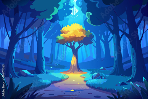 A surreal and vibrant autumn tree glowing at the center of a calm forest, reflected symmetrically in a tranquil lake with soft ripples. This dreamy fantasy landscape is painted in an expressive oil pa