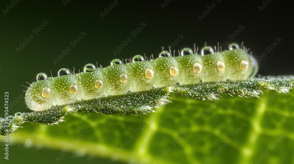 Naklejka premium A close-up of tiny dewdrops resting on the edge of a fresh green leaf