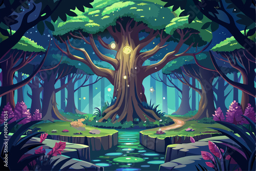 A surreal and vibrant autumn tree glowing at the center of a calm forest, reflected symmetrically in a tranquil lake with soft ripples. This dreamy fantasy landscape is painted in an expressive oil pa