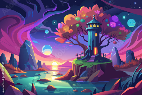A surreal and vibrant autumn tree glowing at the center of a calm forest, reflected symmetrically in a tranquil lake with soft ripples. This dreamy fantasy landscape is painted in an expressive oil pa