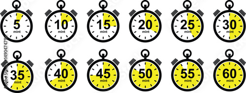 Timer, clock, stopwatch of minute, second and hour icon set. Countdown alarm timer symbol vector collection isolated on transparent background. Label cooking time speed. Watch timepiece sign.