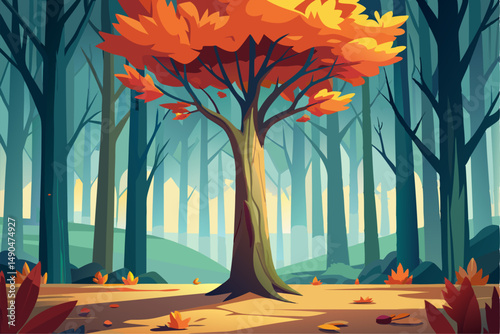 A surreal and vibrant autumn tree glowing at the center of a calm forest, reflected symmetrically in a tranquil lake with soft ripples. This dreamy fantasy landscape is painted in an expressive oil pa