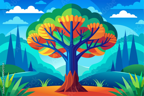 A surreal and vibrant autumn tree glowing at the center of a calm forest, reflected symmetrically in a tranquil lake with soft ripples. This dreamy fantasy landscape is painted in an expressive oil pa