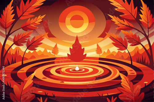 A surreal and vibrant autumn tree glowing at the center of a calm forest, reflected symmetrically in a tranquil lake with soft ripples. This dreamy fantasy landscape is painted in an expressive oil pa
