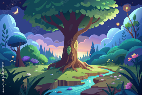A surreal and vibrant autumn tree glowing at the center of a calm forest, reflected symmetrically in a tranquil lake with soft ripples. This dreamy fantasy landscape is painted in an expressive oil pa