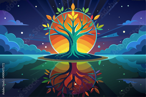 A surreal and vibrant autumn tree glowing at the center of a calm forest, reflected symmetrically in a tranquil lake with soft ripples. This dreamy fantasy landscape is painted in an expressive oil pa