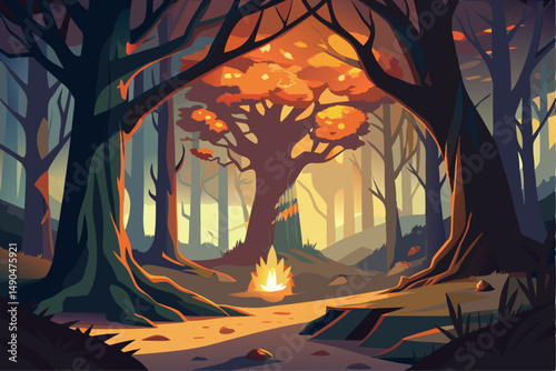 A surreal and vibrant autumn tree glowing at the center of a calm forest, reflected symmetrically in a tranquil lake with soft ripples. This dreamy fantasy landscape is painted in an expressive oil pa
